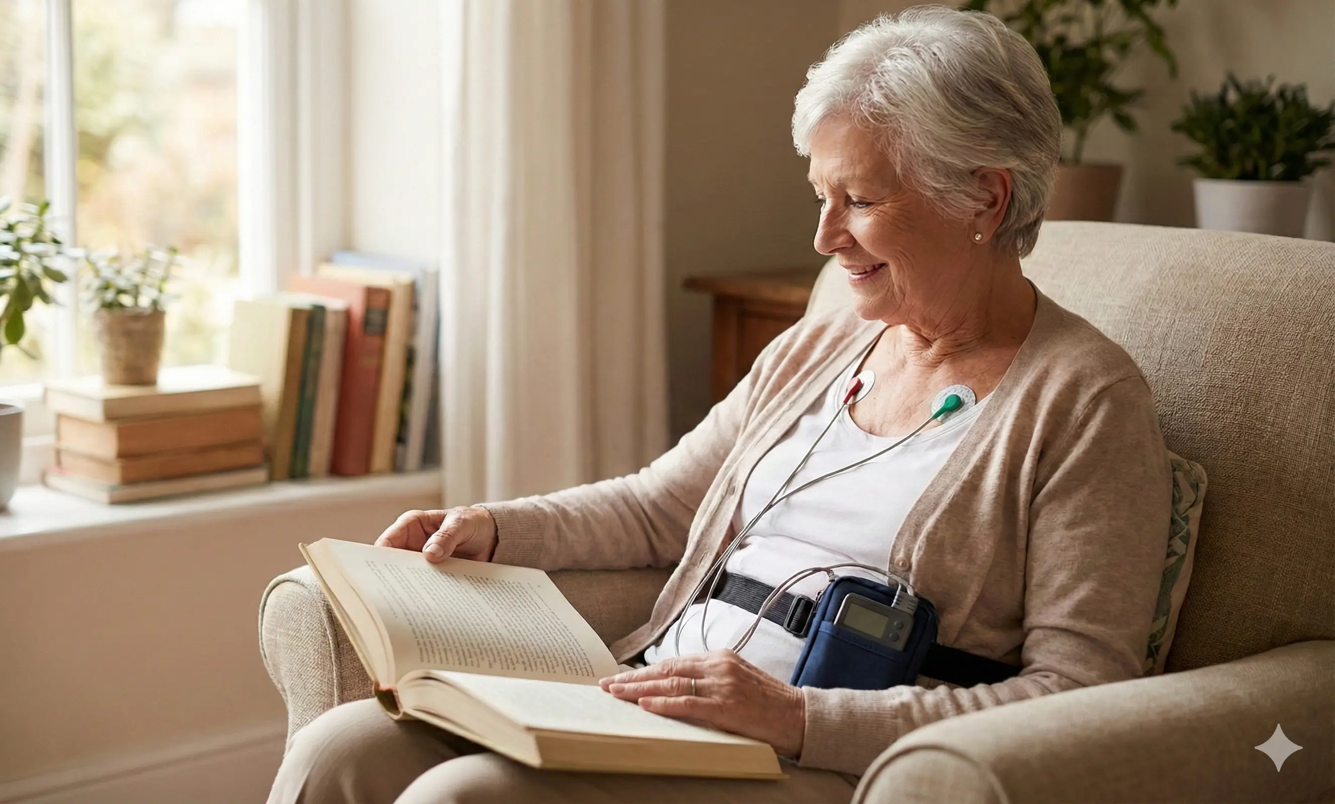 Paciente usando equipamento Holter durante atividades diárias